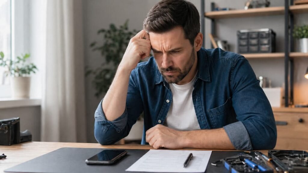 Pessoa adulta analisando o celular/smartphone sobre a mesa ao lado de papel de orçamento em ambiente organizado, com expressão de preocupação sobre conserto caro do aparelho