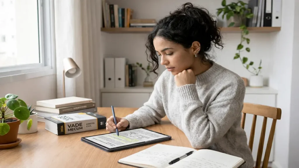 Pessoa jovem estudando Direito em casa, utilizando um tablet com caneta stylus para marcar um PDF. Sobre a mesa de madeira, há um livro Vade Mecum, um caderno de anotações e uma xícara de café, em um ambiente iluminado e organizado.