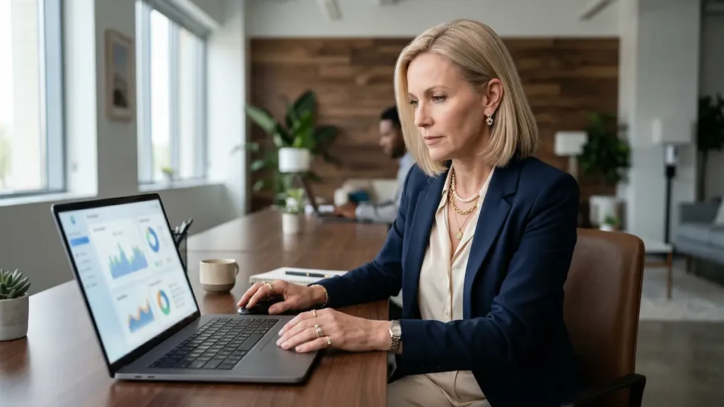 Mulher de 50 anos, loira, vestindo traje executivo azul marinho e joias douradas, concentrada operando notebook com gráficos de análise de dados, cookies, em escritório moderno e iluminado.