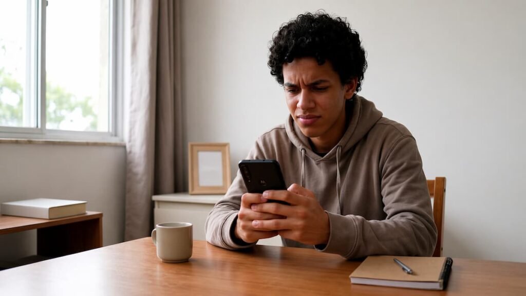 Jovem sentado à mesa em ambiente doméstico organizado com expressão de dúvida e impaciência ao olhar para celular/smartphone.