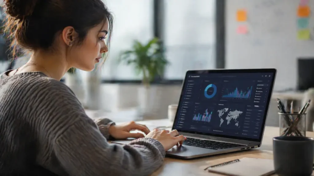 Mulher jovem utilizando notebook em ambiente de trabalho moderno, com interface digital desfocada na tela exibindo gráficos e navegação genérica, adsense