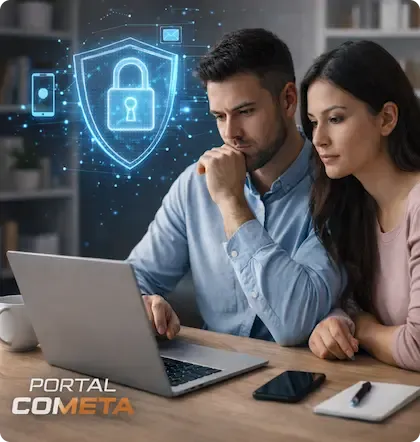 Casal analisando informações no notebook em ambiente doméstico com elementos visuais de segurança digital, representando tecnologia, privacidade e direitos no dia a dia