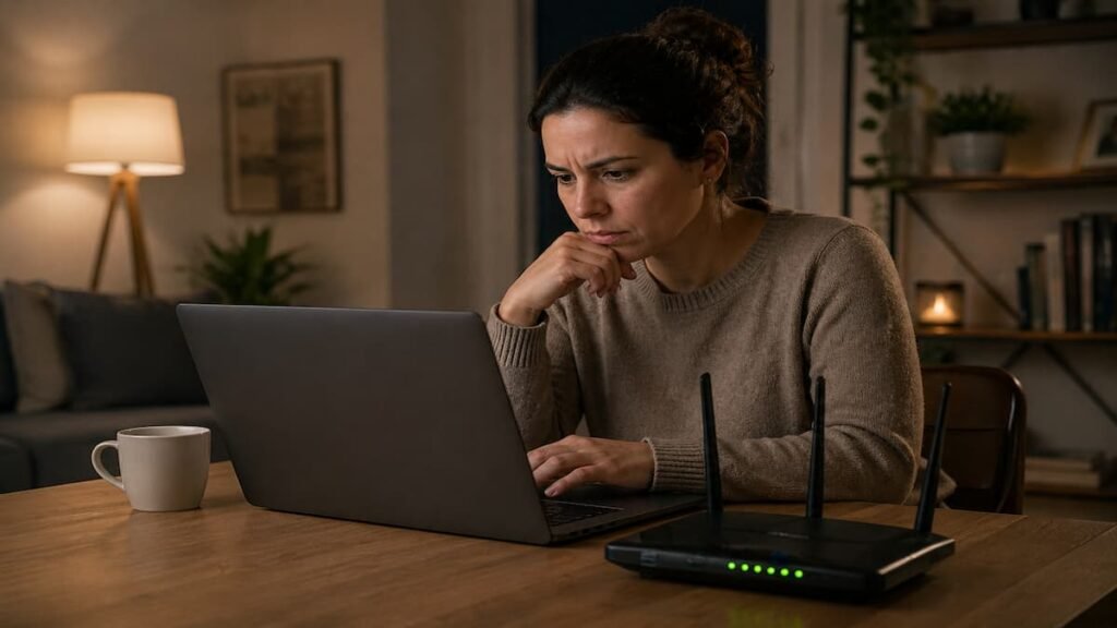 Pessoa usando notebook para testar conexão de internet enquanto roteador Wi-Fi está ligado sobre a mesa em ambiente doméstico à noite
