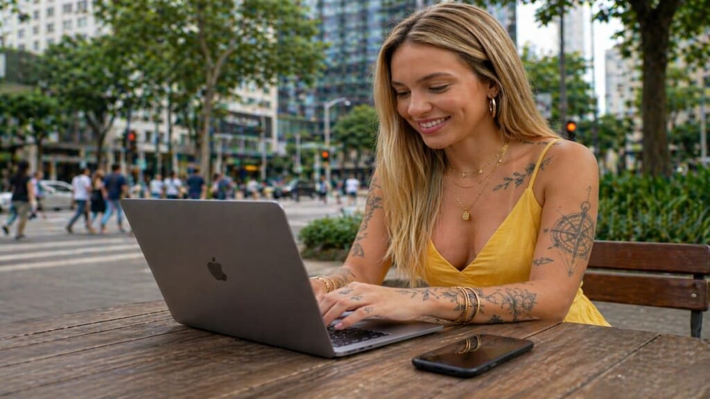 Mulher jovem utilizando notebook em mesa ao ar livre em ambiente urbano movimentado, com celular ao lado e pessoas ao fundo