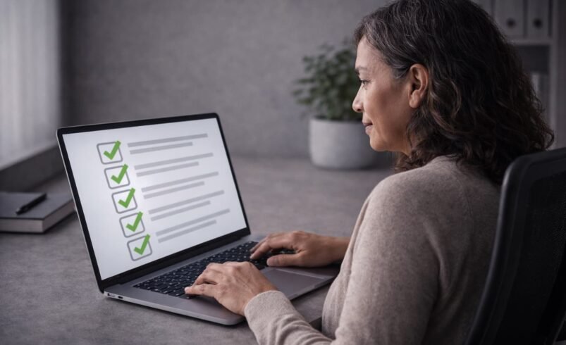 mulher de 50 anos analisando checklist em notebook com foco em auditoria digital e organização de site em ambiente moderno