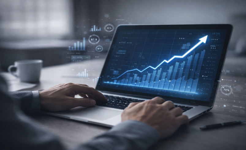 Pessoa analisando crescimento de tráfego de site com gráfico digital