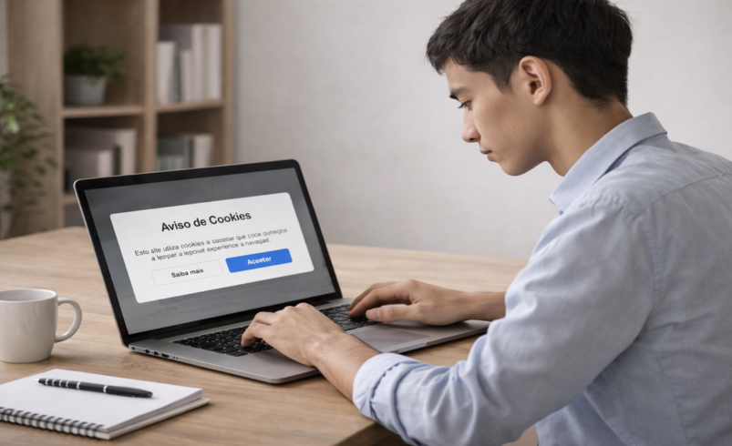 Pessoa jovem de 21 anos usando notebook em ambiente simples, com expressão neutra, visualizando aviso de cookies em português na tela.