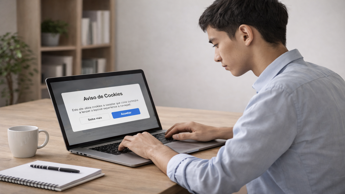 Pessoa jovem de 21 anos usando notebook em ambiente simples, com expressão neutra, visualizando aviso de cookies em português na tela.