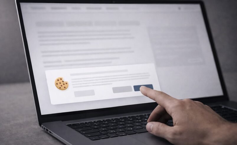 usuário interagindo com banner de cookies em site exibido no notebook com foco em privacidade e transparência de dados