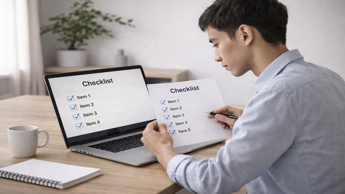 Pessoa analisando checklist em notebook e papel em ambiente simples e organizado, com expressão concentrada.