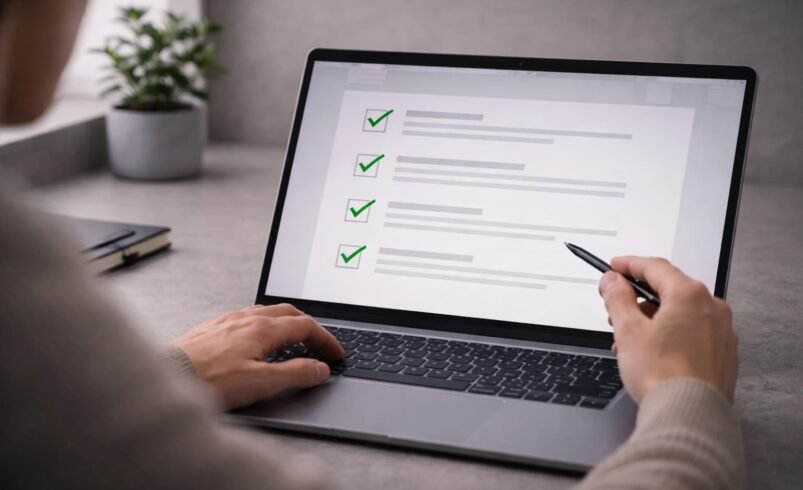 pessoa analisando checklist de segurança em notebook com foco em auditoria digital e proteção de site em ambiente moderno