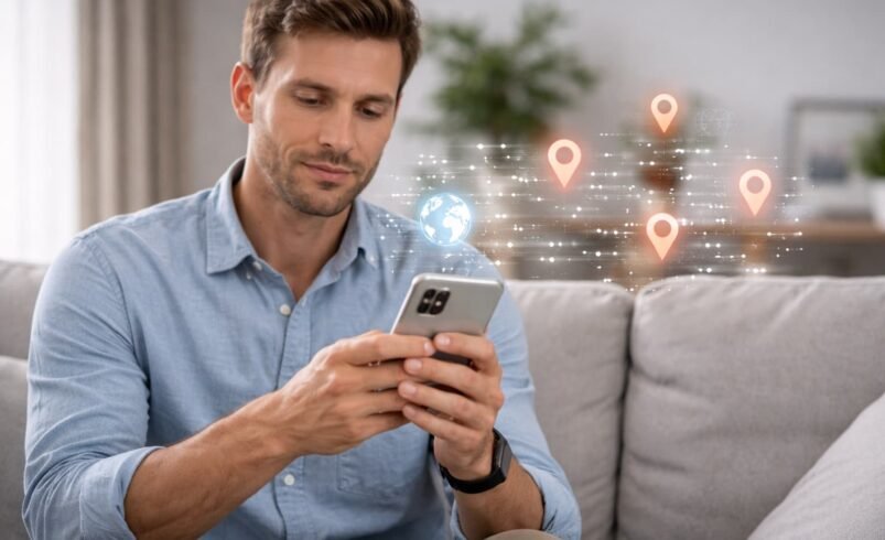 Pessoa sentada no sofá utilizando smartphone com expressão neutra, cercada por ícones digitais que representam coleta de dados e privacidade online