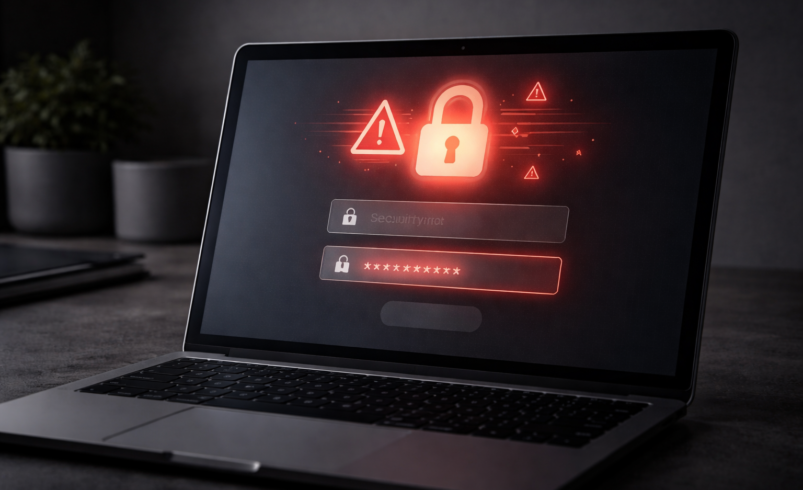 Tela de login com alerta de segurança representando invasão de contas digitais