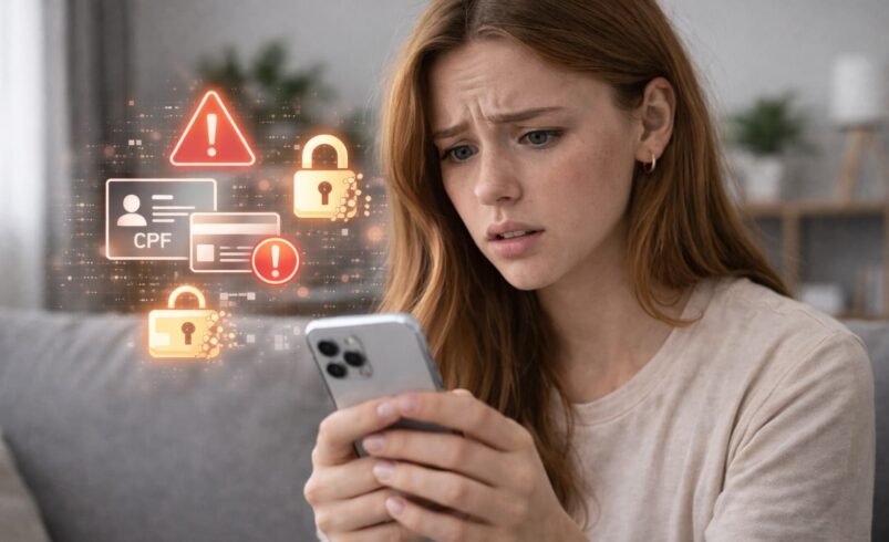 Jovem utilizando smartphone com expressão de preocupação ao visualizar alerta financeiro, com ícones digitais de segurança e dados ao redor representando fraude digital