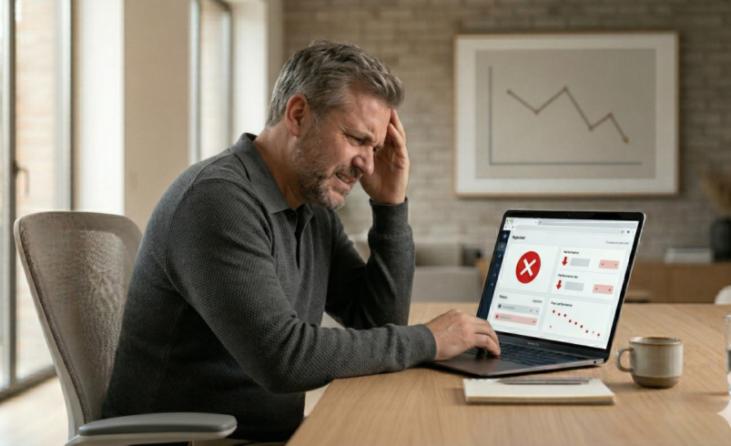 Homem de aproximadamente 45 anos com expressão de frustração e a mão na cabeça, sentado em um escritório moderno e minimalista. Ele observa a tela de um notebook que exibe indicadores de desempenho negativos e um ícone de alerta vermelho. Ao fundo, na parede, um quadro mostra um gráfico de linha em queda, reforçando o conceito de insucesso momentâneo.