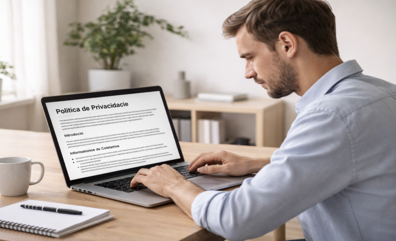 Homem adulto usando notebook em ambiente simples e iluminado, com tela exibindo política de privacidade em português, em cenário profissional e doméstico.