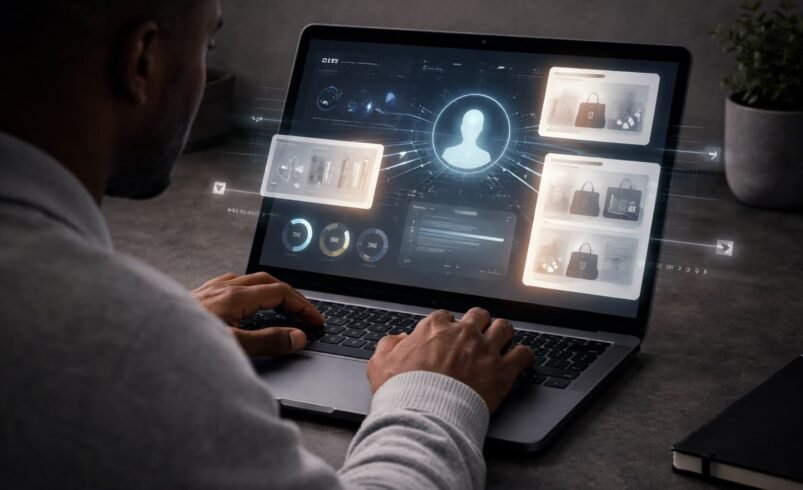 homem negro usando notebook com interface digital de inteligência artificial exibindo análise de comportamento do usuário e recomendações em ambiente profissional