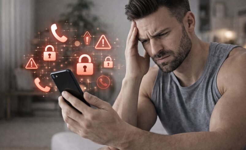 Homem utilizando smartphone com expressão de incômodo ao receber ligação indesejada, com ícones digitais ao redor representando spam telefônico e bloqueio de chamadas