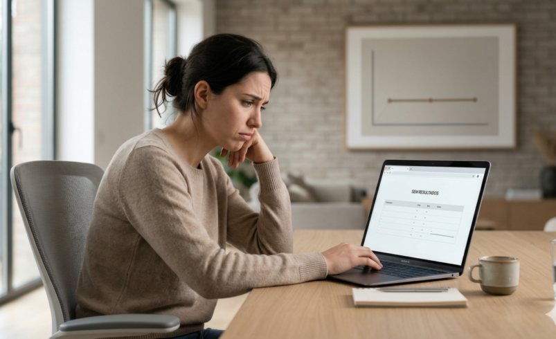 Uma mulher com expressão de frustração sentada em uma mesa de escritório, apoiando a cabeça na mão enquanto olha para a tela de um notebook que exibe a frase 'SEM RESULTADOS'. Ao fundo, em uma parede de tijolos, há um quadro com um gráfico de linha estagnado, refletindo um ambiente moderno e minimalista com iluminação natural.