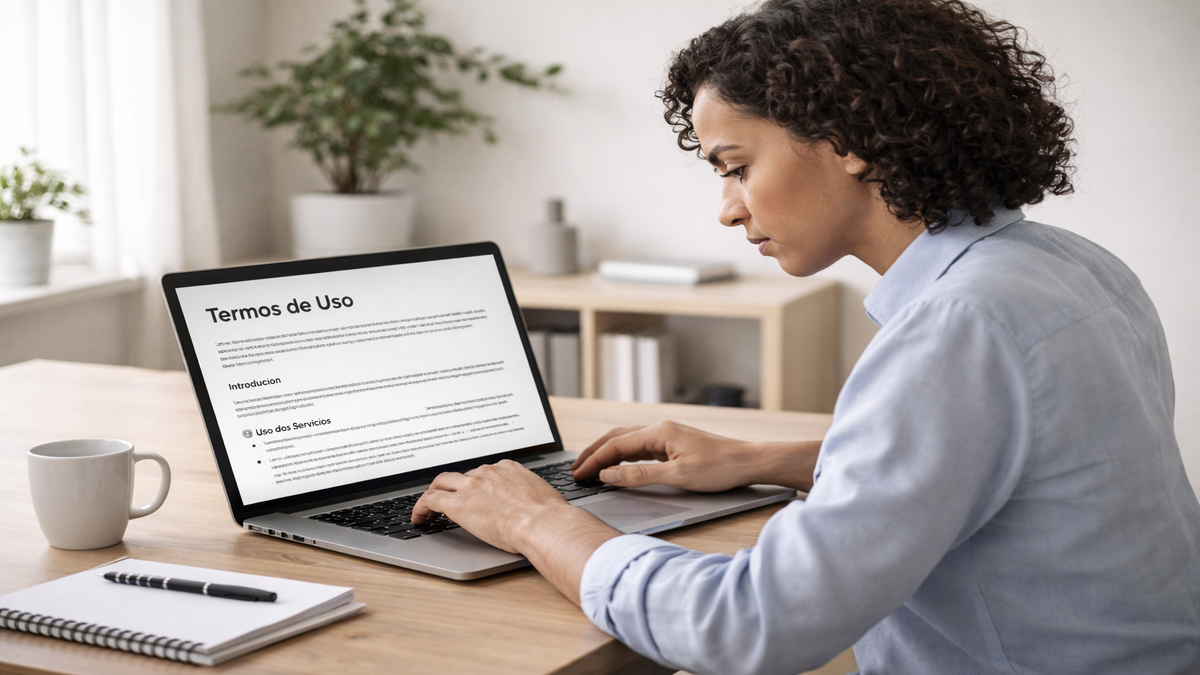 Mulher parda de aproximadamente 35 anos usando notebook em ambiente simples, com expressão concentrada, analisando documento de termos de uso em português na tela.