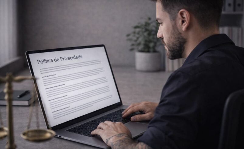 Pessoa analisando política de privacidade em notebook em ambiente digital moderno
