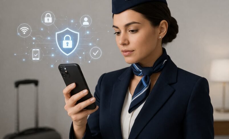 Mulher com aparência profissional utilizando smartphone com expressão atenta, cercada por ícones digitais de segurança representando proteção de dados no celular