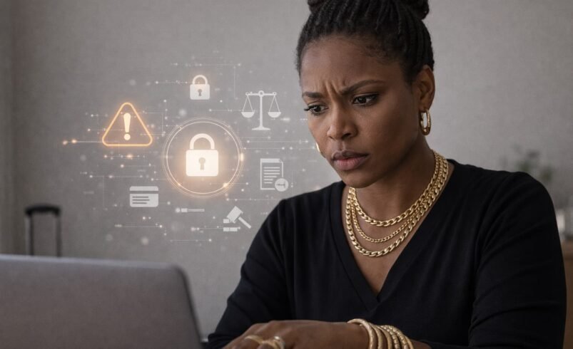 Mulher negra analisando informações no notebook com expressão séria, cercada por ícones digitais de segurança e justiça representando responsabilidade por vazamento de dados