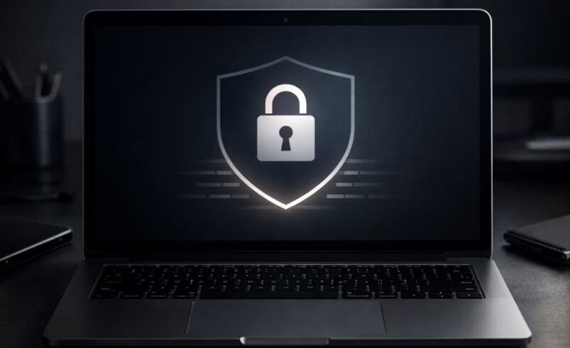 notebook em ambiente profissional exibindo interface de segurança digital com ícone de cadeado, conceito de privacidade e proteção de dados