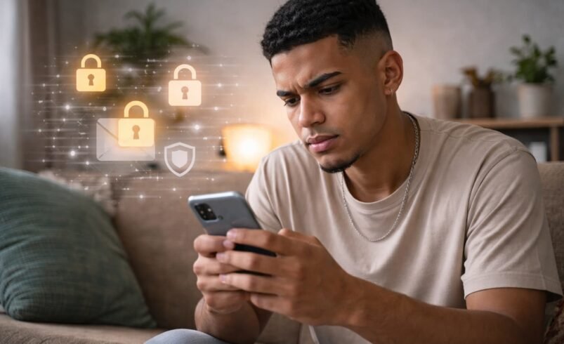 Jovem homem utilizando smartphone em ambiente doméstico simples, com expressão concentrada e ícones digitais ao redor representando segurança e proteção de dados