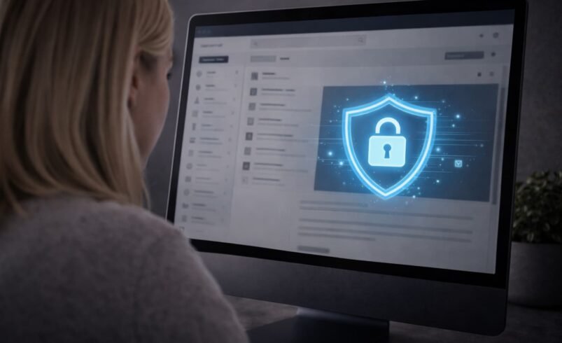 mulher loira observando tela de computador com interface de e-mail e ícone de segurança com cadeado digital em ambiente moderno