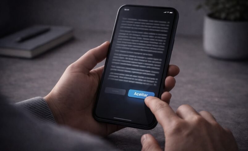 Tela de termos de uso sendo aceitos sem leitura em ambiente digital