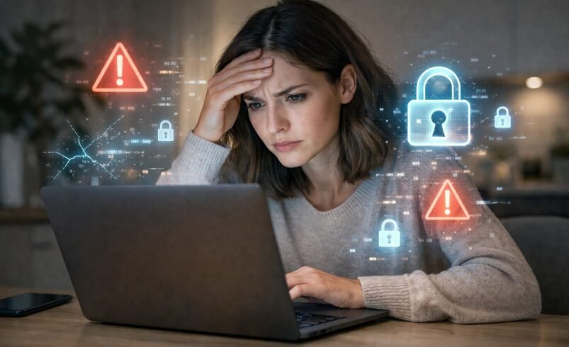 Pessoa usando notebook em casa com expressão de preocupação enquanto observa alertas digitais e ícones de segurança, representando vazamento de dados e privacidade digital
