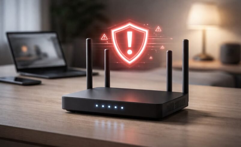 Roteador Wi-Fi com alerta de segurança representando vulnerabilidade na rede doméstica