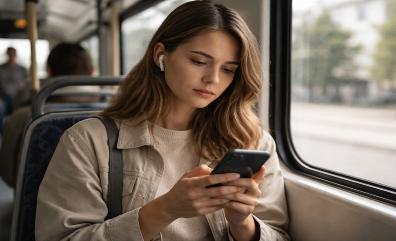 Jovem de aproximadamente 25 anos dentro de um ônibus urbano olhando para o celular com expressão pensativa, em ambiente real com luz natural suave entrando pela janela