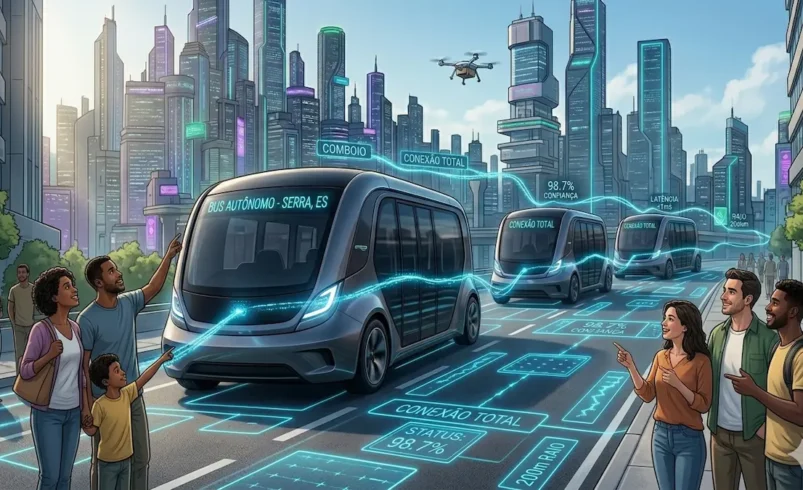 Ônibus autônomo de design moderno circulando em uma cidade inteligente.