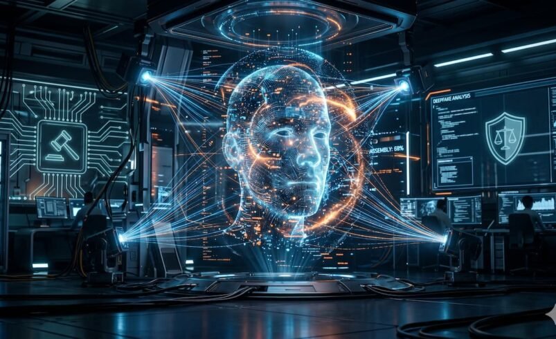 Uma visualização holográfica de um rosto humano sendo montado por streams de dados azuis e laranjas em um laboratório de alta tecnologia. No fundo, há símbolos legais de um martelo de juiz e um escudo com a balança da justiça integrados a placas de circuito, representando a análise ética e legal de deepfakes.