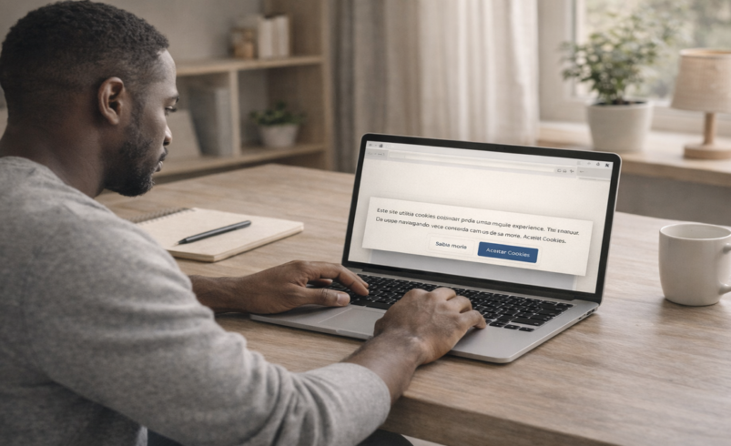 Homem negro usando notebook em ambiente simples, visualizando aviso de cookies em site, com luz natural e cenário doméstico organizado