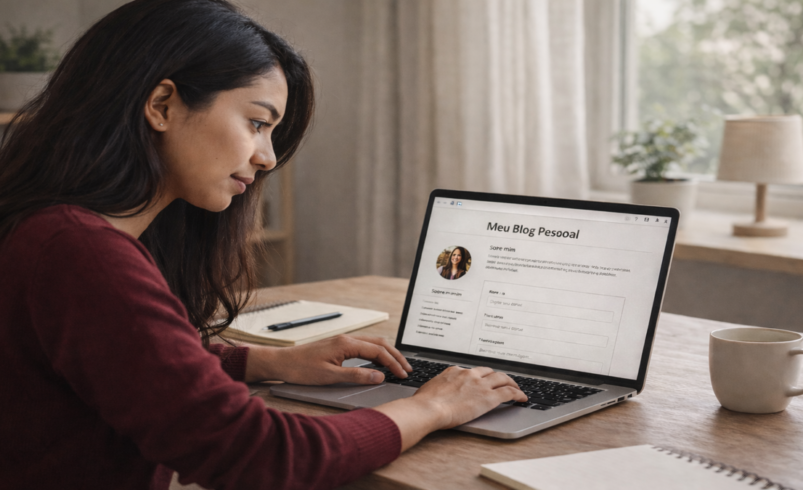 Mulher jovem usando notebook em ambiente simples, acessando blog pessoal na tela, com luz natural e cenário doméstico organizado