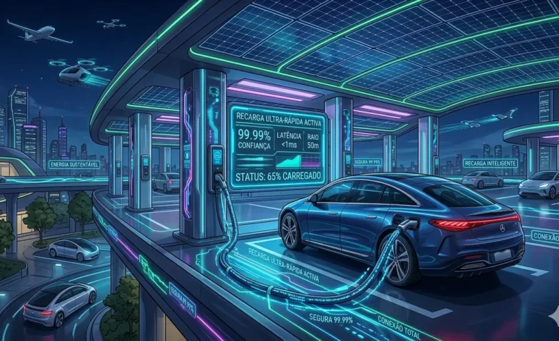 Carro elétrico moderno sendo carregado em uma estação futurista com iluminação neon azul, exibindo painéis solares no teto e interface digital de status da bateria.