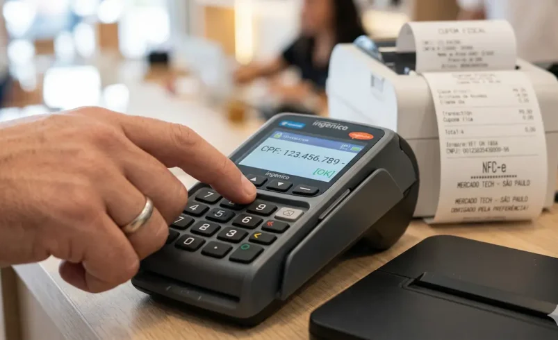 Close-up de uma mão digitando o número do CPF em um terminal de pagamento eletrônico em um estabelecimento comercial, com cupom fiscal ao fundo.