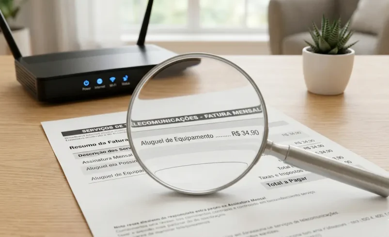 Lupa destacando cobrança de aluguel de modem em uma fatura de internet.