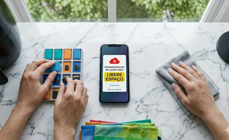 Notificação de conta do Google sem espaço exibida em um smartphone moderno.