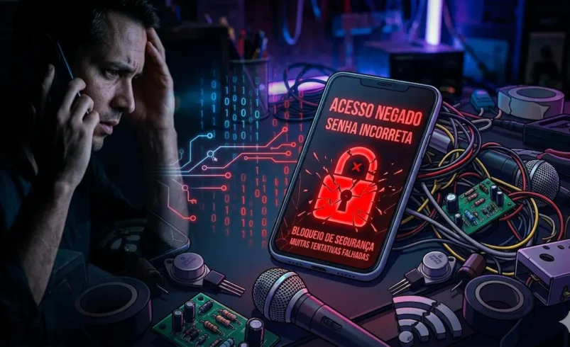 Celular mostrando mensagem de conta invadida e bloqueio de acesso