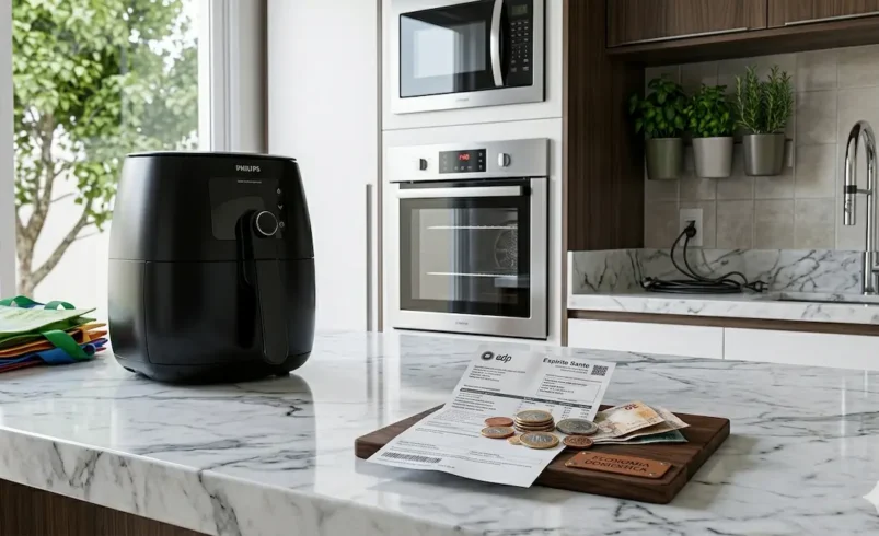 Uma Air Fryer e um forno elétrico lado a lado em uma cozinha organizada.