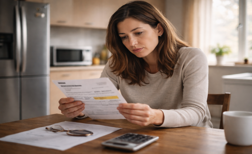 Pessoa analisando conta de luz em casa com expressão preocupada