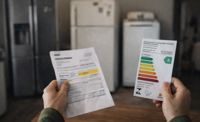 Pessoa comparando conta de luz com etiqueta de eficiência energética de eletrodoméstico