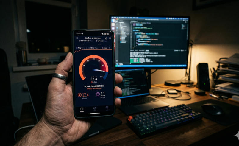 Smartphone mostrando teste de velocidade de internet lenta com resultado insatisfatório.