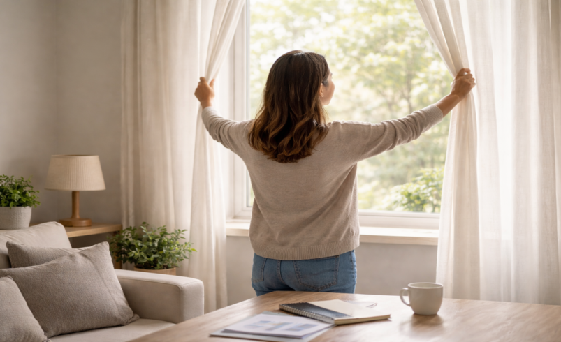 Pessoa em ambiente doméstico abrindo cortinas para entrada de luz natural, em espaço simples e organizado com iluminação suave