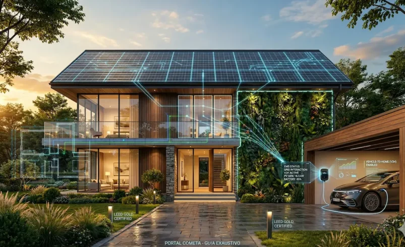 Fotografia em alta resolução de uma mansão contemporânea no pôr do sol, mostrando um telhado de telhas solares pretas integradas, uma fachada com jardim vertical exuberante, um carro elétrico carregando na garagem aberta com carregador Wallbox, e infográficos azuis sobrepostos representando o fluxo de gerenciamento de energia por inteligência artificial e a certificação LEED Gold.