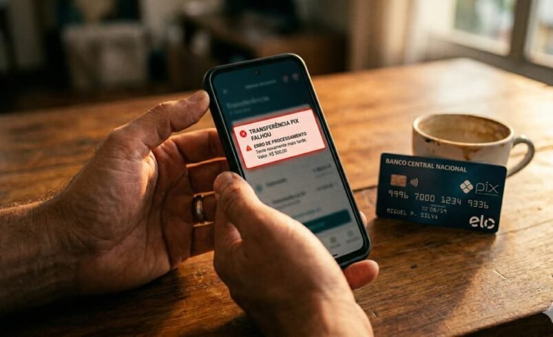 Close-up de mão segurando celular com mensagem de erro 'Transferência Pix Falhou' em tela vermelha, ao lado de cartão de banco e café sobre mesa de madeira.